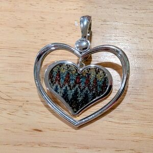 Double Silver Heart Pendant with Multicolored Dichroic Glass Insert